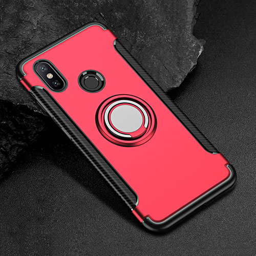 Silicone Matte Finish and Plastic Back Cover Case with Magnetic Finger Ring Stand for Xiaomi Mi Max 3 Red