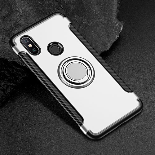 Silicone Matte Finish and Plastic Back Cover Case with Magnetic Finger Ring Stand for Xiaomi Mi Max 3 Silver