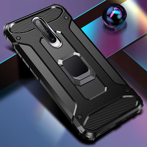 Silicone Matte Finish and Plastic Back Cover Case with Magnetic Finger Ring Stand for Xiaomi Poco X2 Black