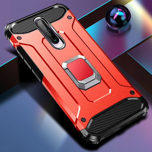 Silicone Matte Finish and Plastic Back Cover Case with Magnetic Finger Ring Stand for Xiaomi Poco X2 Red