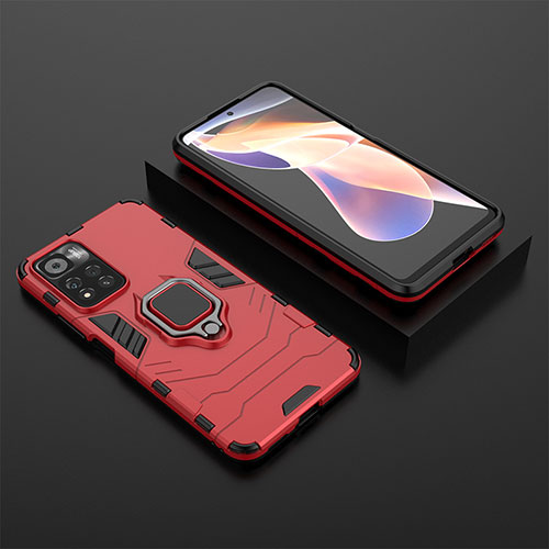 Silicone Matte Finish and Plastic Back Cover Case with Magnetic Finger Ring Stand for Xiaomi Poco X4 NFC Red