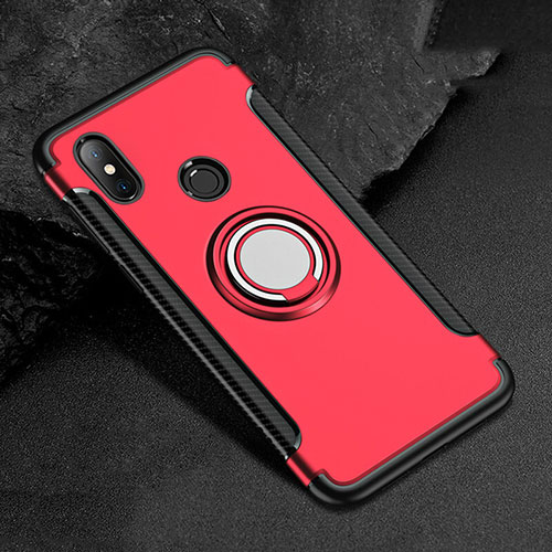 Silicone Matte Finish and Plastic Back Cover Case with Magnetic Finger Ring Stand for Xiaomi Redmi 6 Pro Red