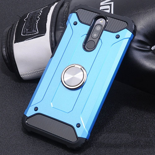 Silicone Matte Finish and Plastic Back Cover Case with Magnetic Finger Ring Stand for Xiaomi Redmi 8 Sky Blue