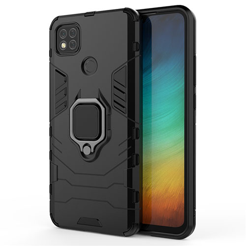 Silicone Matte Finish and Plastic Back Cover Case with Magnetic Finger Ring Stand for Xiaomi Redmi 9C NFC Black