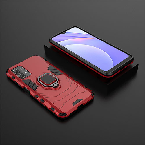 Silicone Matte Finish and Plastic Back Cover Case with Magnetic Finger Ring Stand for Xiaomi Redmi 9T 4G Red