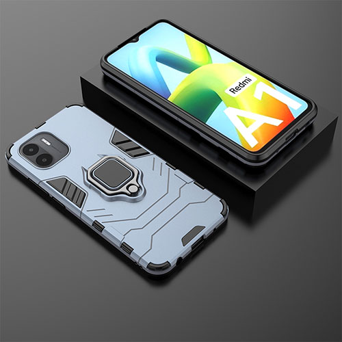 Silicone Matte Finish and Plastic Back Cover Case with Magnetic Finger Ring Stand for Xiaomi Redmi A2 Blue