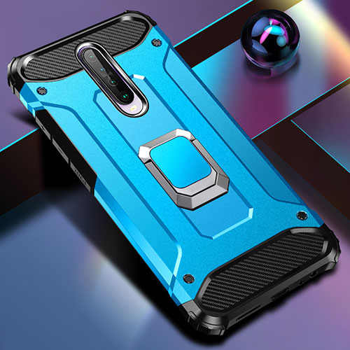 Silicone Matte Finish and Plastic Back Cover Case with Magnetic Finger Ring Stand for Xiaomi Redmi K30 4G Sky Blue