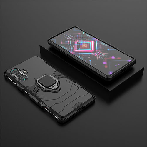 Silicone Matte Finish and Plastic Back Cover Case with Magnetic Finger Ring Stand for Xiaomi Redmi K40 Gaming 5G Black