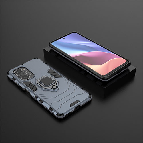 Silicone Matte Finish and Plastic Back Cover Case with Magnetic Finger Ring Stand for Xiaomi Redmi K40 Pro 5G Blue