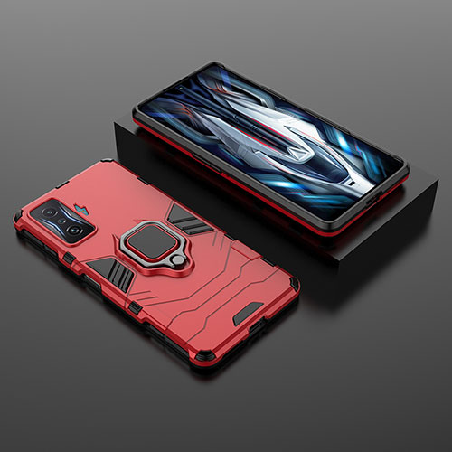 Silicone Matte Finish and Plastic Back Cover Case with Magnetic Finger Ring Stand for Xiaomi Redmi K50 Gaming AMG F1 5G Red