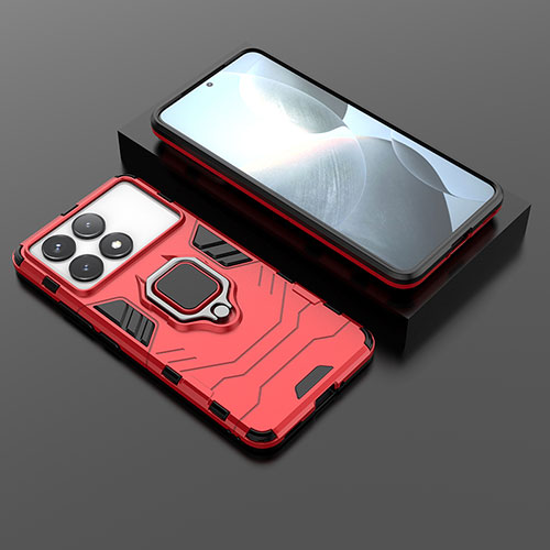 Silicone Matte Finish and Plastic Back Cover Case with Magnetic Finger Ring Stand for Xiaomi Redmi K70 Pro 5G Red