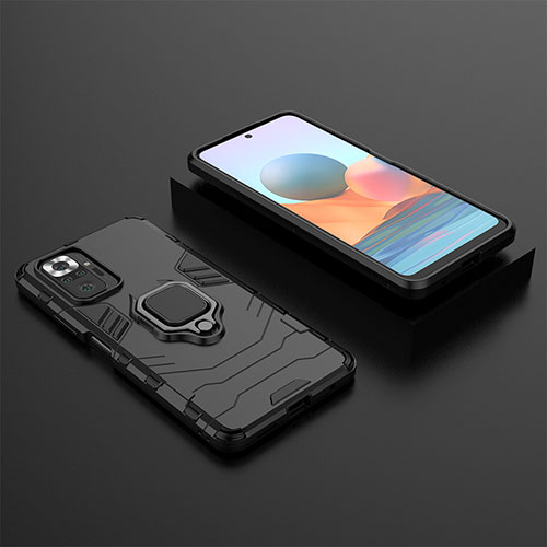 Silicone Matte Finish and Plastic Back Cover Case with Magnetic Finger Ring Stand for Xiaomi Redmi Note 10 Pro 4G Black