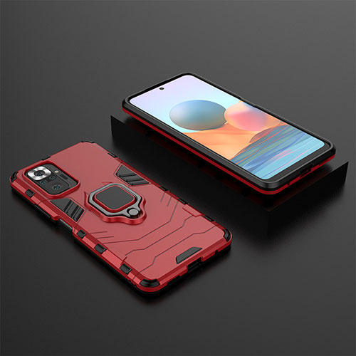 Silicone Matte Finish and Plastic Back Cover Case with Magnetic Finger Ring Stand for Xiaomi Redmi Note 10 Pro 4G Red