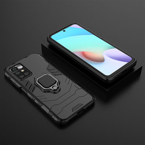 Silicone Matte Finish and Plastic Back Cover Case with Magnetic Finger Ring Stand for Xiaomi Redmi Note 11 4G (2021) Black