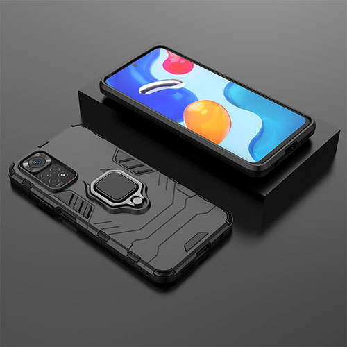 Silicone Matte Finish and Plastic Back Cover Case with Magnetic Finger Ring Stand for Xiaomi Redmi Note 11 4G (2022) Black