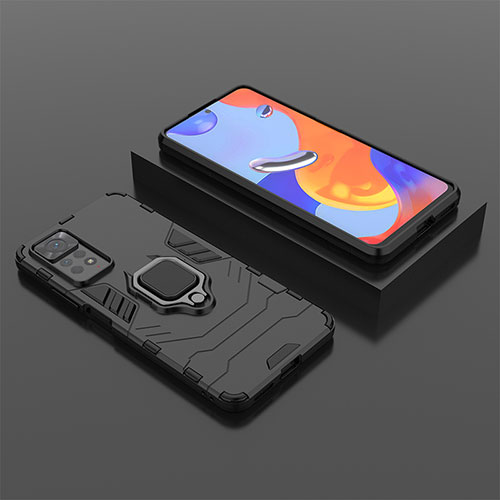 Silicone Matte Finish and Plastic Back Cover Case with Magnetic Finger Ring Stand for Xiaomi Redmi Note 11 Pro 4G Black