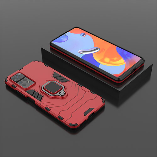 Silicone Matte Finish and Plastic Back Cover Case with Magnetic Finger Ring Stand for Xiaomi Redmi Note 11 Pro 4G Red