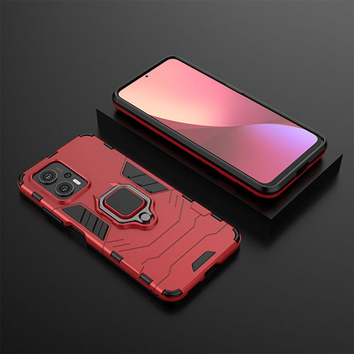 Silicone Matte Finish and Plastic Back Cover Case with Magnetic Finger Ring Stand for Xiaomi Redmi Note 11T Pro 5G Red