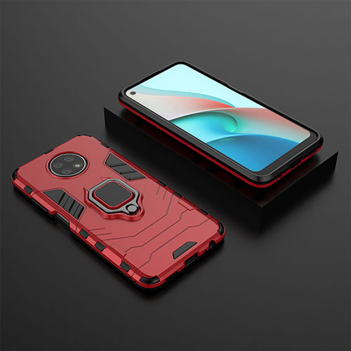 Silicone Matte Finish and Plastic Back Cover Case with Magnetic Finger Ring Stand for Xiaomi Redmi Note 9 5G Red