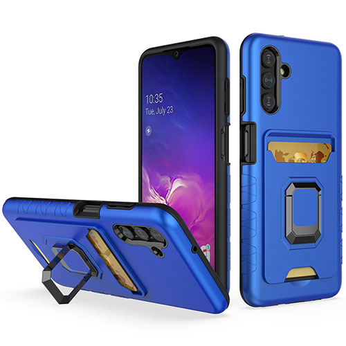 Silicone Matte Finish and Plastic Back Cover Case with Magnetic Finger Ring Stand J01S for Samsung Galaxy A04s Blue