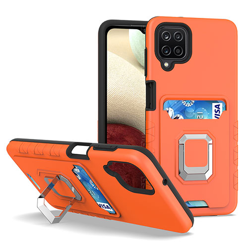 Silicone Matte Finish and Plastic Back Cover Case with Magnetic Finger Ring Stand J01S for Samsung Galaxy A12 5G Orange