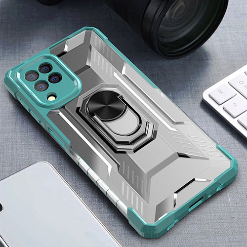 Silicone Matte Finish and Plastic Back Cover Case with Magnetic Finger Ring Stand J01S for Samsung Galaxy A22 4G Green