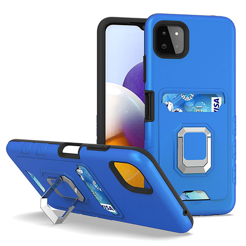 Silicone Matte Finish and Plastic Back Cover Case with Magnetic Finger Ring Stand J01S for Samsung Galaxy A22 5G Blue