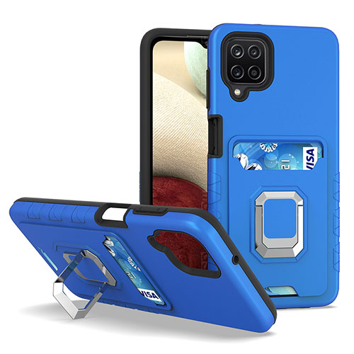 Silicone Matte Finish and Plastic Back Cover Case with Magnetic Finger Ring Stand J01S for Samsung Galaxy F12 Blue