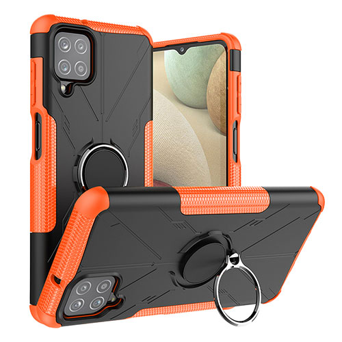 Silicone Matte Finish and Plastic Back Cover Case with Magnetic Finger Ring Stand J01X for Samsung Galaxy A12 5G Orange