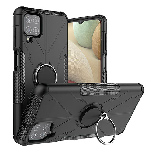 Silicone Matte Finish and Plastic Back Cover Case with Magnetic Finger Ring Stand J01X for Samsung Galaxy A12 Black