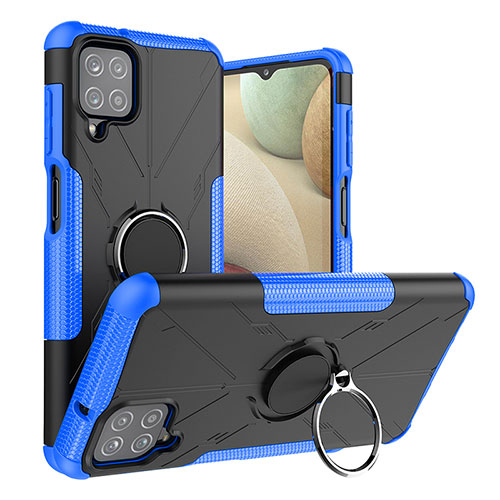 Silicone Matte Finish and Plastic Back Cover Case with Magnetic Finger Ring Stand J01X for Samsung Galaxy A12 Blue