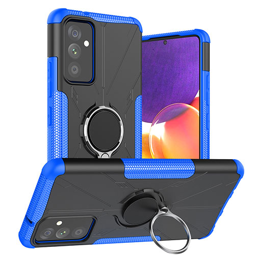 Silicone Matte Finish and Plastic Back Cover Case with Magnetic Finger Ring Stand J01X for Samsung Galaxy A24 4G Blue