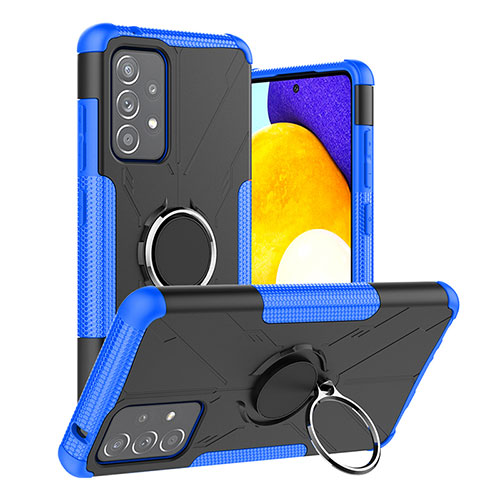 Silicone Matte Finish and Plastic Back Cover Case with Magnetic Finger Ring Stand J01X for Samsung Galaxy A52s 5G Blue