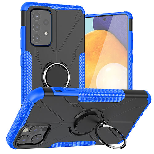 Silicone Matte Finish and Plastic Back Cover Case with Magnetic Finger Ring Stand J01X for Samsung Galaxy A72 4G Blue