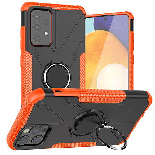 Silicone Matte Finish and Plastic Back Cover Case with Magnetic Finger Ring Stand J01X for Samsung Galaxy A72 5G Orange