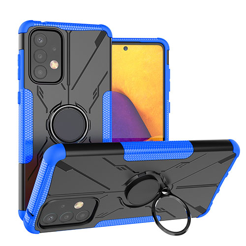 Silicone Matte Finish and Plastic Back Cover Case with Magnetic Finger Ring Stand J01X for Samsung Galaxy A73 5G Blue