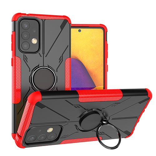 Silicone Matte Finish and Plastic Back Cover Case with Magnetic Finger Ring Stand J01X for Samsung Galaxy A73 5G Red