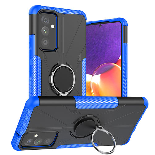Silicone Matte Finish and Plastic Back Cover Case with Magnetic Finger Ring Stand J01X for Samsung Galaxy A82 5G Blue