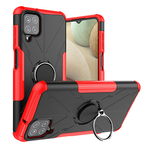 Silicone Matte Finish and Plastic Back Cover Case with Magnetic Finger Ring Stand J01X for Samsung Galaxy F12 Red