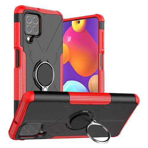 Silicone Matte Finish and Plastic Back Cover Case with Magnetic Finger Ring Stand J01X for Samsung Galaxy F62 5G Red