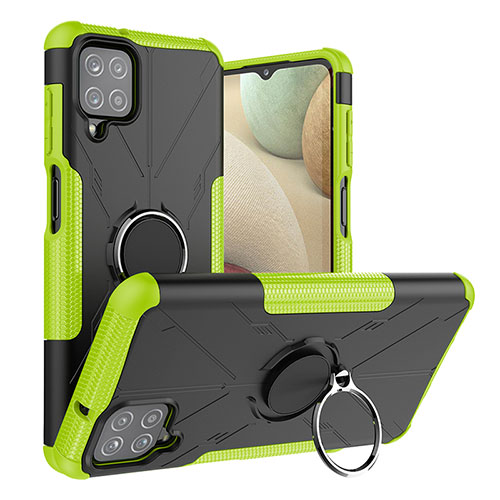 Silicone Matte Finish and Plastic Back Cover Case with Magnetic Finger Ring Stand J01X for Samsung Galaxy M12 Green