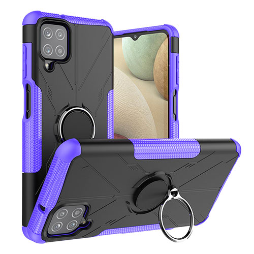 Silicone Matte Finish and Plastic Back Cover Case with Magnetic Finger Ring Stand J01X for Samsung Galaxy M12 Purple