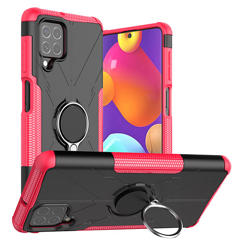 Silicone Matte Finish and Plastic Back Cover Case with Magnetic Finger Ring Stand J01X for Samsung Galaxy M62 4G Hot Pink