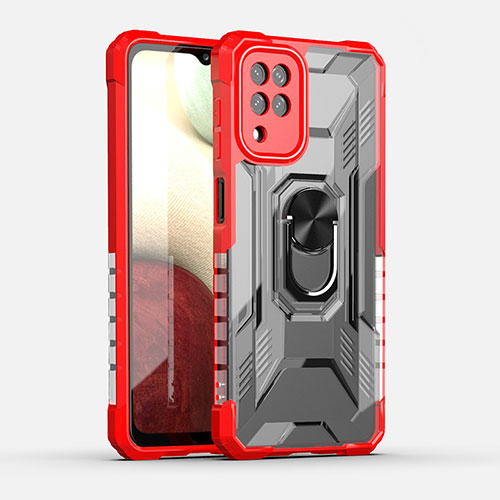 Silicone Matte Finish and Plastic Back Cover Case with Magnetic Finger Ring Stand J02S for Samsung Galaxy A12 Nacho Red