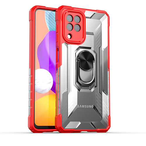 Silicone Matte Finish and Plastic Back Cover Case with Magnetic Finger Ring Stand J02S for Samsung Galaxy A22 4G Red