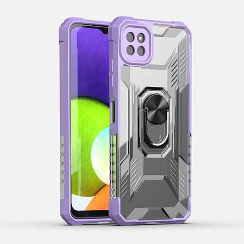 Silicone Matte Finish and Plastic Back Cover Case with Magnetic Finger Ring Stand J02S for Samsung Galaxy A22 5G Purple