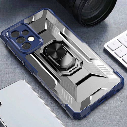 Silicone Matte Finish and Plastic Back Cover Case with Magnetic Finger Ring Stand J02S for Samsung Galaxy A52 4G Blue