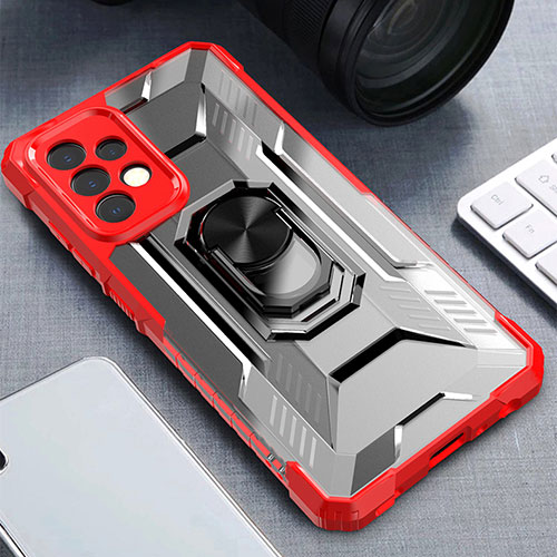 Silicone Matte Finish and Plastic Back Cover Case with Magnetic Finger Ring Stand J02S for Samsung Galaxy A52 4G Red