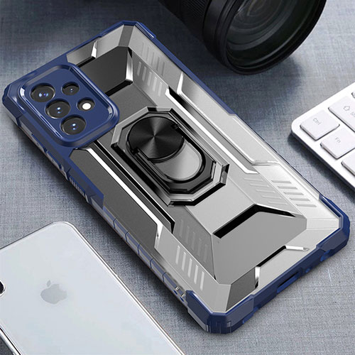 Silicone Matte Finish and Plastic Back Cover Case with Magnetic Finger Ring Stand J02S for Samsung Galaxy A72 5G Blue