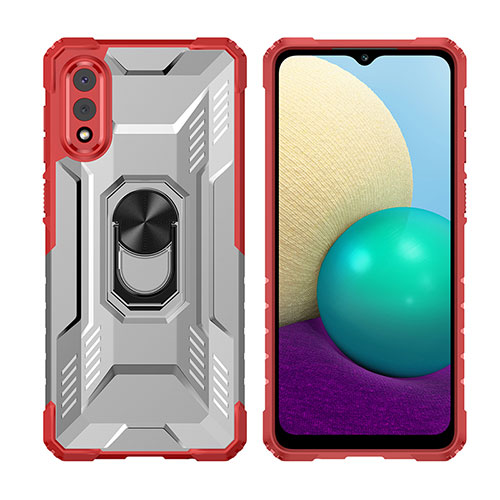 Silicone Matte Finish and Plastic Back Cover Case with Magnetic Finger Ring Stand J02S for Samsung Galaxy M02 Red